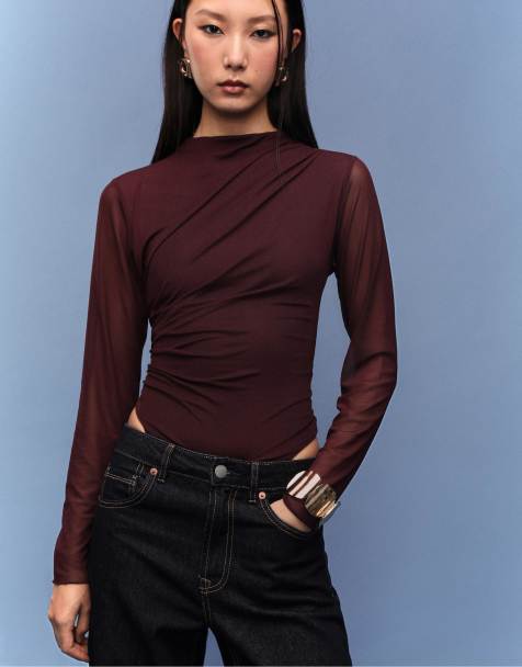 Stradivarius Gathered tulle bodysuit in purple - view 1