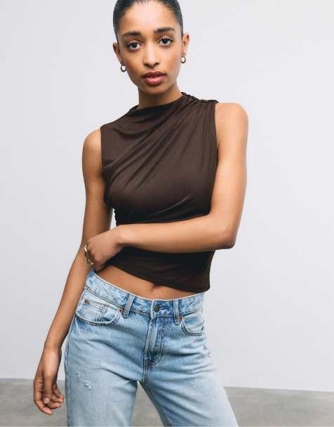 Stradivarius Gathered tulle t-shirt in brown - view 1