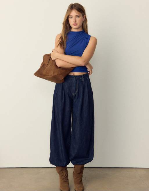 Stradivarius Gathered tulle t-shirt in electric blue, 2 of 4