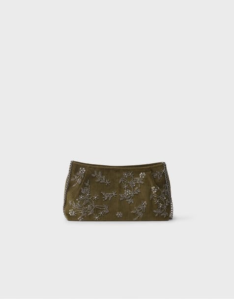 Stradivarius geborduurde clutch in kaki - view 1