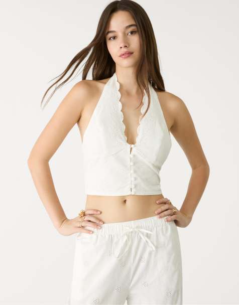 Stradivarius - Geborduurde top met halternek in wit - view 1