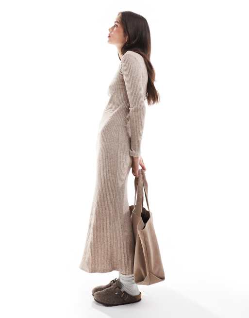 Stradivarius - Geborstelde midi-jurk met lange mouwen in beige