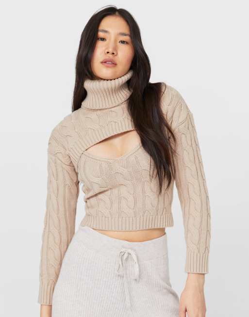 Stradivarius - Gebreid hemd met kabels en super cropped coltrui in kiezelkleur