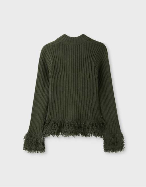 Stradivarius gebreid vest met franjes in kaki, 7 van 7