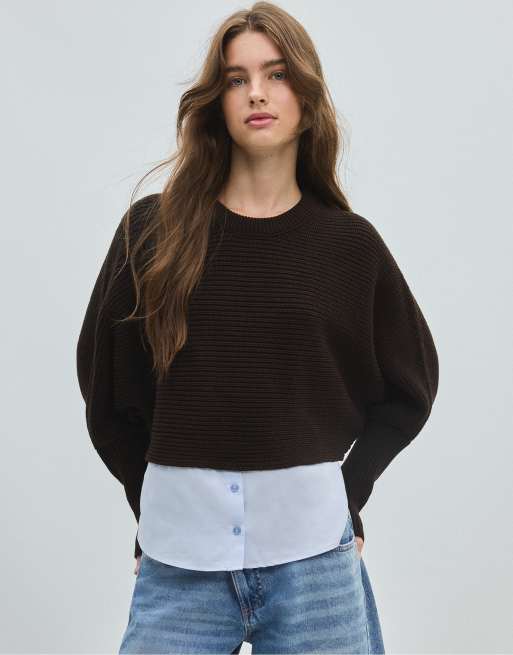 Stradivarius gebreide batwing trui van gemengde stof in bruin, 2 van 7