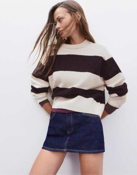 Stradivarius - Gebreide gestreepte cropped sweater in paars - view 1
