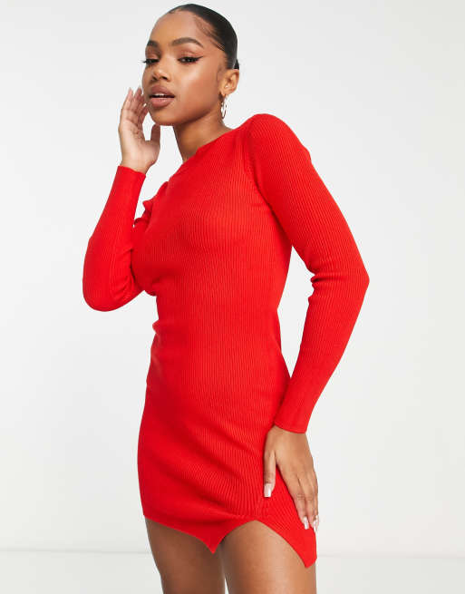 Stradivarius - Gebreide mini jurk met ronde hals in rood