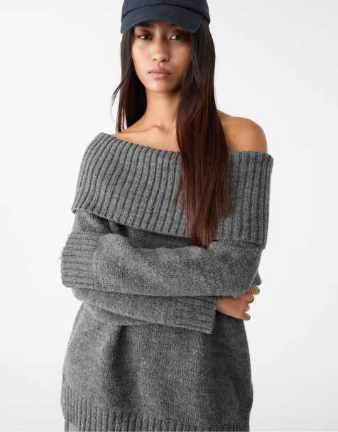 Stradivarius - Gebreide sweater met blote schouders in donkergrijs - view 1