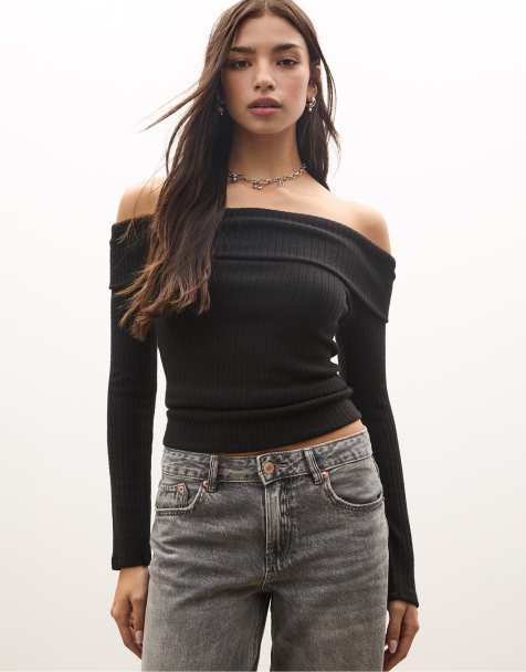 Stradivarius - Gebreide top met blote schouders in zwart - view 1