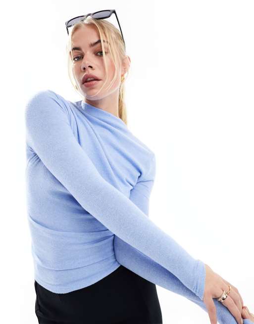 Stradivarius - Gebreide top met gedrapeerd detail in blauw 