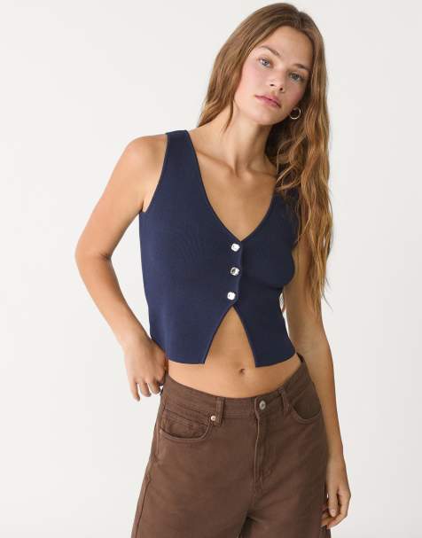 Stradivarius - Gebreide top met knopen in marineblauw - view 1