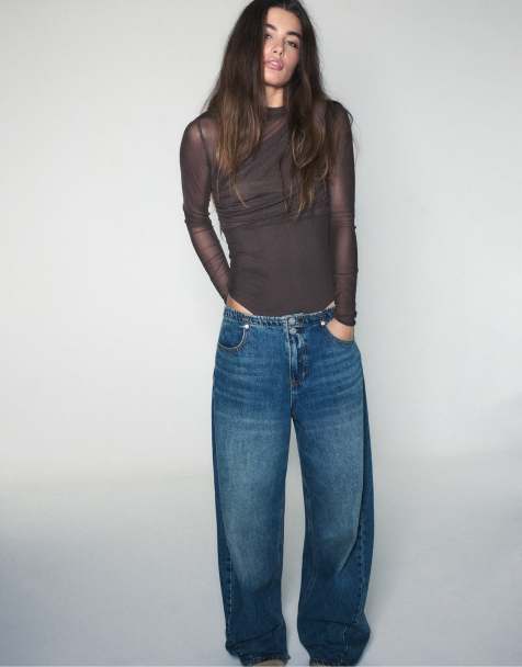 Stradivarius gedrapeerde mesh body met lange mouwen in bruin - view 1