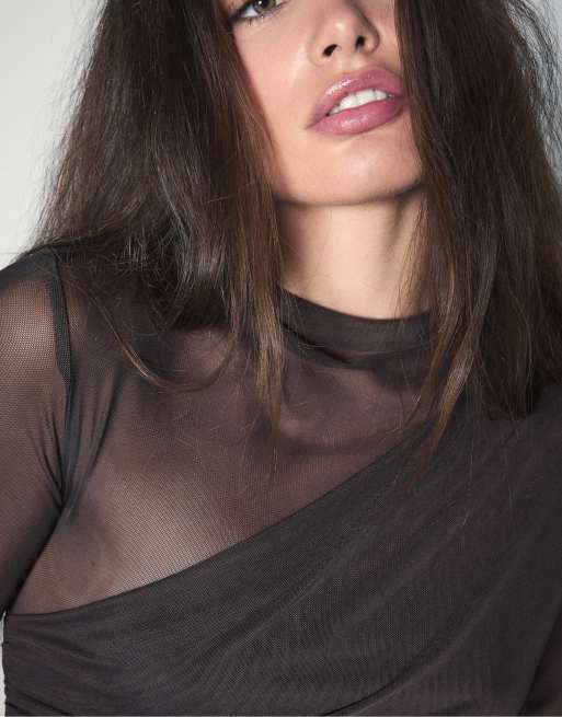 Stradivarius gedrapeerde mesh body met lange mouwen in bruin, 4 van 7