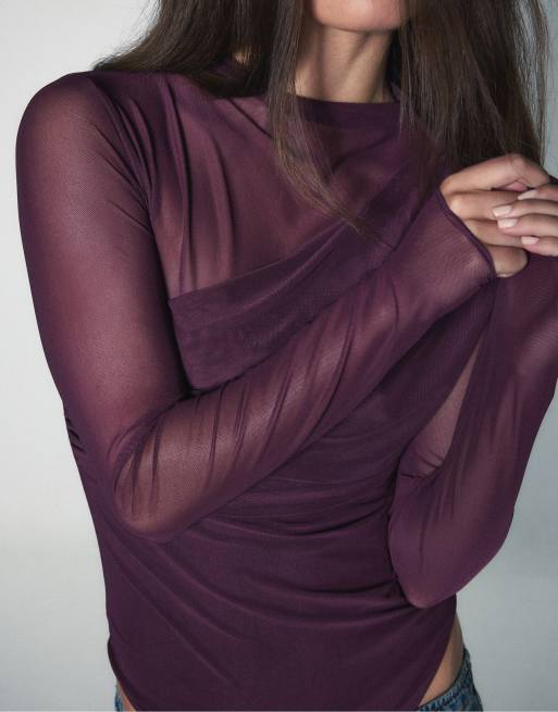 Stradivarius gedrapeerde mesh body met lange mouwen in paars, 5 van 7