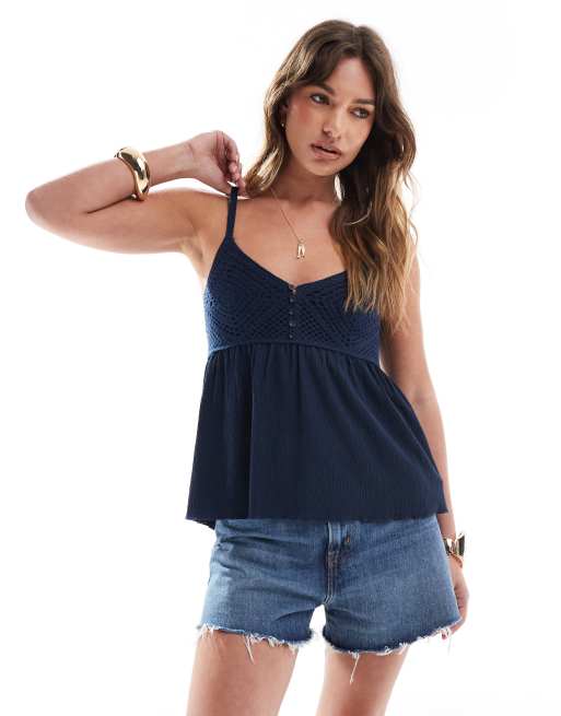 Stradivarius - Gehaakte cami-top in marineblauw