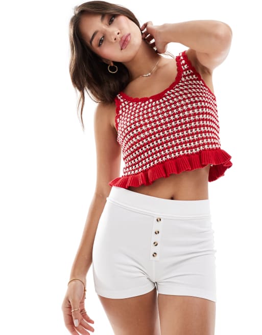 Stradivarius - Gehaakte crop top met ruches aan de zoom en rode strepen 