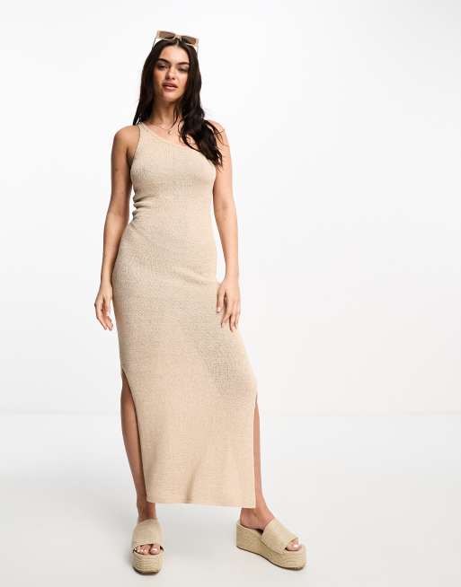 Stradivarius – Gehäkeltes Maxi-Strickkleid in Natur mit One-Shoulder-Träger 