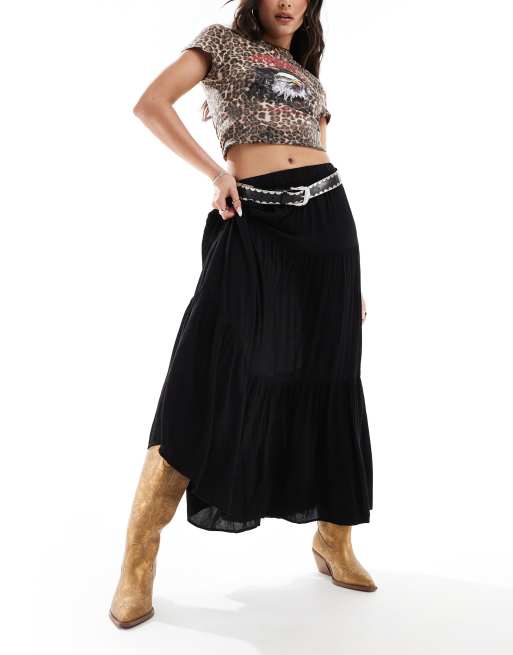 Stradivarius - Gekreukte maxi boho-rok in zwart