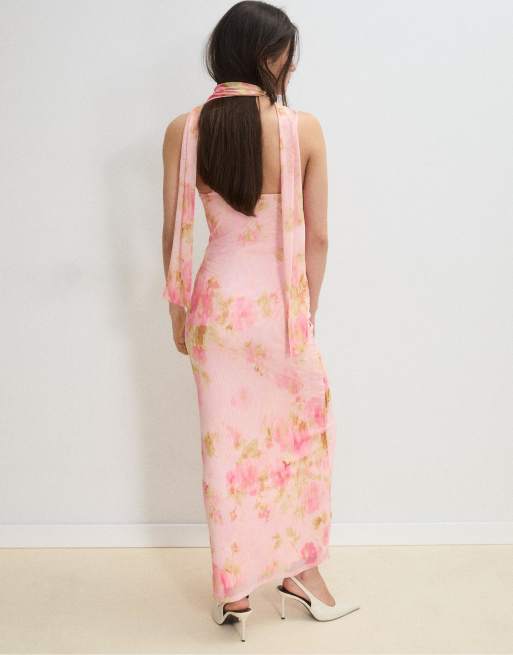 Stradivarius – Gemustertes Midikleid aus Tüll in Pastellrosa mit Schal-Detail, 4 von 4