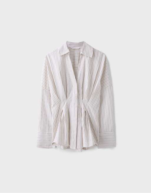 Stradivarius geplooide poplin overhemd in beige, 6 van 7