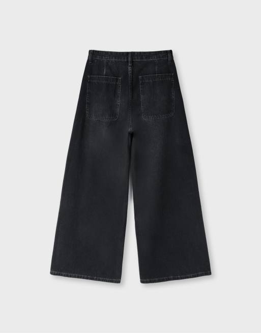 Stradivarius geplooide wide-leg jeans in zwart denim met wassing, 7 van 7