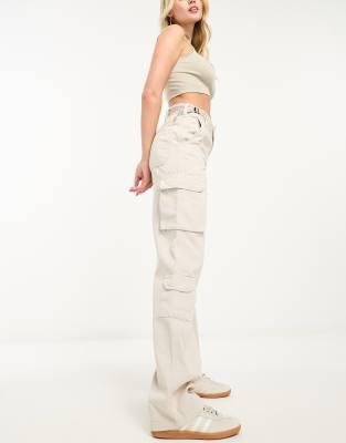 Stradivarius - Gerade geschnittene Cargohose in Steinbeige mit verstellbarem Bund-Brown