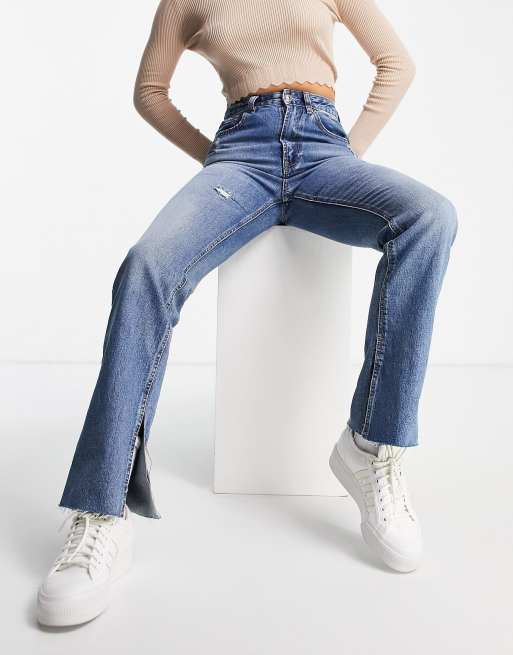 Stradivarius – Gerade geschnittene Jeans mit geschlitztem Saum in Vintage-Waschung