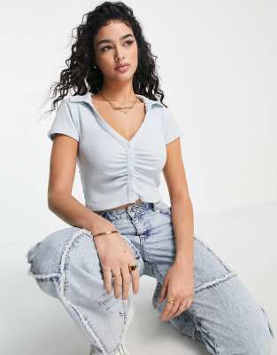 Stradivarius – Geraffte, strukturierte Hemdbluse im Stil der 90er in Babyblau
