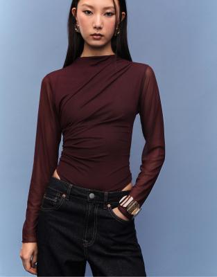 Stradivarius - Geraffter Tüll-Body in Lila