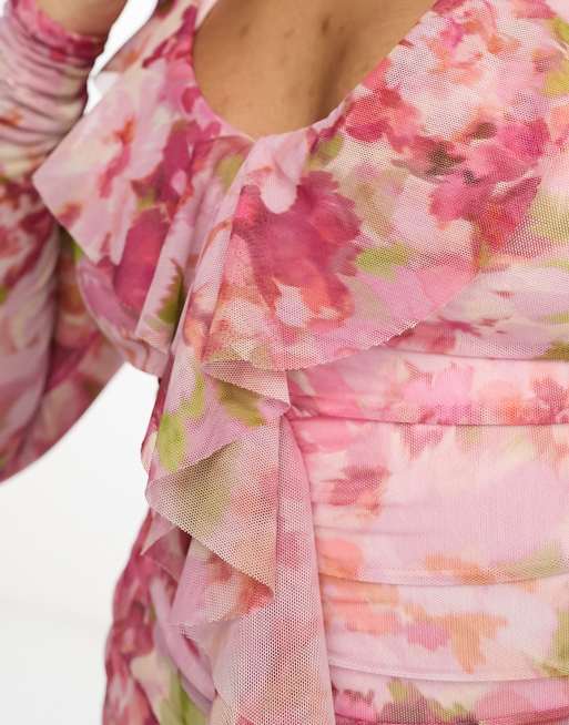 Stradivarius – Gerafftes Netzstoff-Minikleid mit Blumenmuster , 4 von 4
