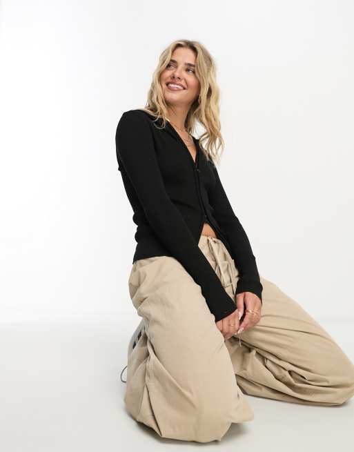 Stradivarius - Geribbelde top met dubbele rits in zwarte wassing , 3 van 4