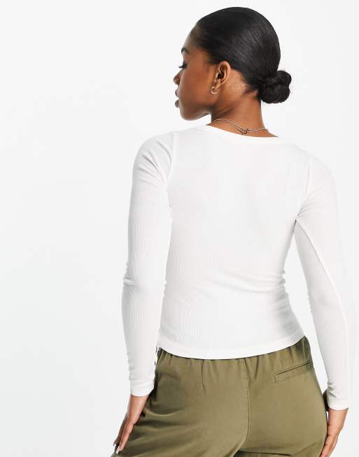 Stradivarius - Geribbelde top met lange mouwen en lage ronde hals in wit , 2 van 4