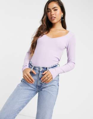 Stradivarius - Geribbelde top met V-hals en lange mouwen in lila