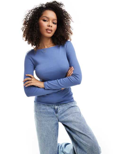Stradivarius - Gerimpelde top met rechte hals in medium blauw