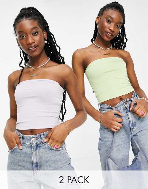 Stradivarius – Gerippte Bandeau-Tops in Lila und Limette, Multipack