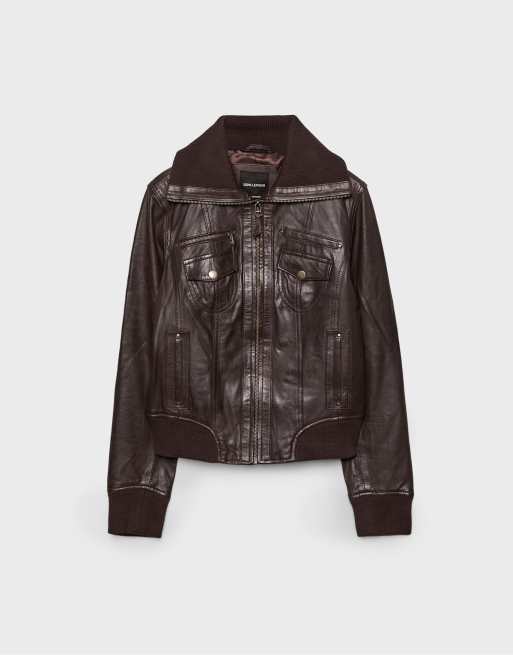 Stradivarius – Gerippte Lederjacke in Braun, 6 von 7
