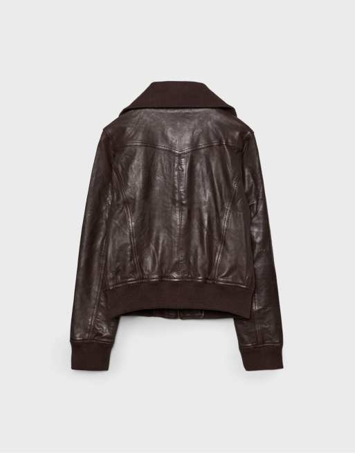 Stradivarius – Gerippte Lederjacke in Braun, 7 von 7