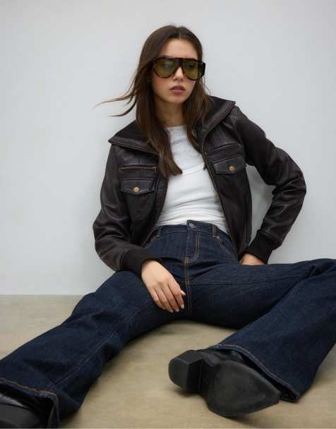 Stradivarius – Gerippte Lederjacke in Schwarz - view 1