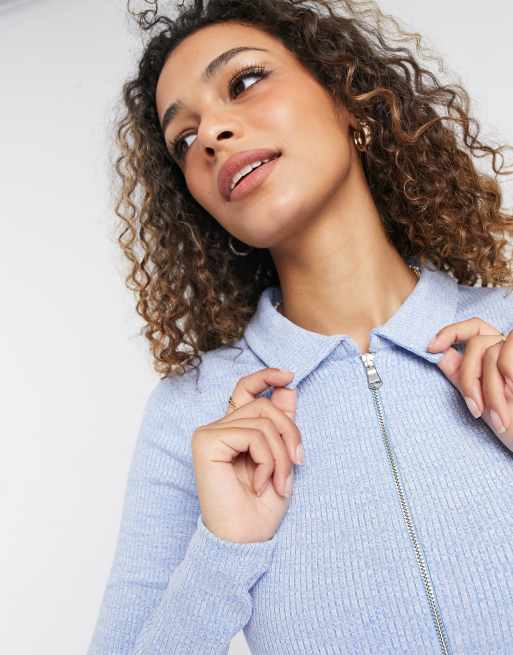 Stradivarius – Gerippte Polo-Strickjacke mit Reißverschluss aus einem dreiteiligem Set in Blau