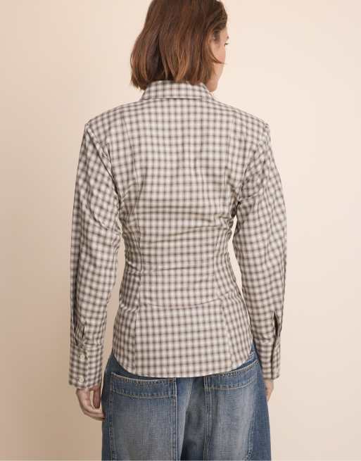 Stradivarius geruit overhemd met schoudervulling in beige, 3 van 7