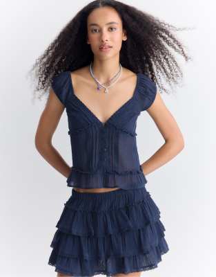 Gerüschter Skort in Marineblau mit Knitterstruktur-Navy Navy L