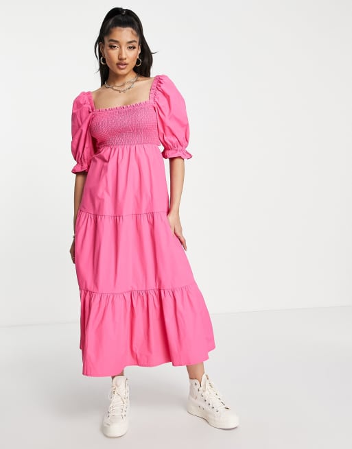 Stradivarius - Gesmokte midi-jurk van popeline met pofmouwen in roze