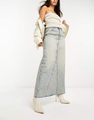 Stradivarius - Gespleißter Maxi-Jeansrock in Vintage-Waschung-Blau