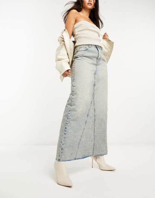 Stradivarius - Gesplitste denim maxi rok in vintage wassing 