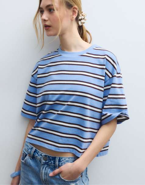 Stradivarius - Gestreept T-shirt met korte mouwen in koningsblauw - view 1