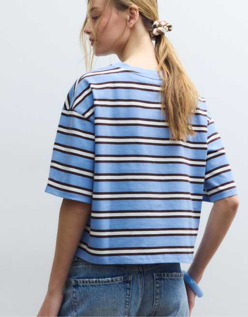 Stradivarius - Gestreept T-shirt met korte mouwen in koningsblauw, 3 van 4