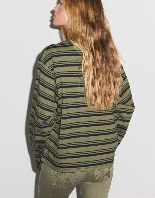 Stradivarius gestreept T-shirt met lange mouwen in kaki, 3 van 7