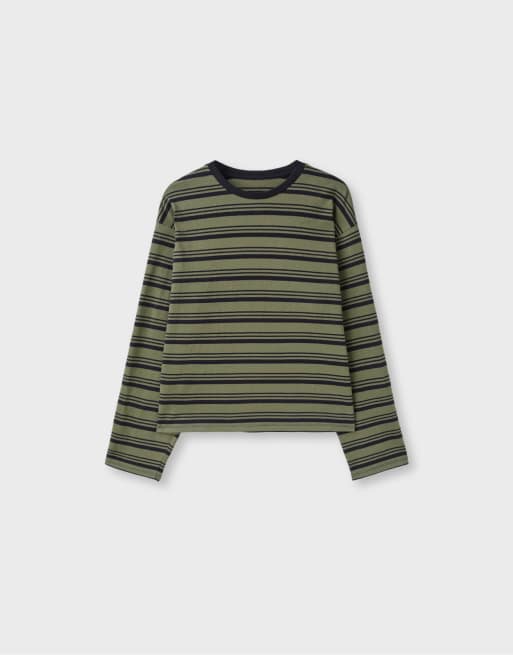 Stradivarius gestreept T-shirt met lange mouwen in kaki, 6 van 7
