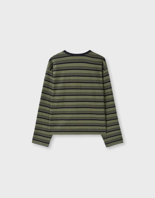 Stradivarius gestreept T-shirt met lange mouwen in kaki, 7 van 7