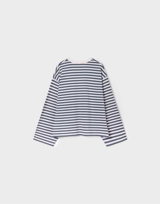 Stradivarius gestreept T-shirt met print en lange mouwen in donkergrijs, 7 van 7